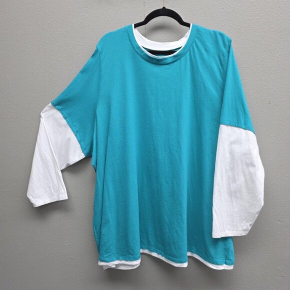 Woman Within Shirt Womens 3X Teal White Layered Look Long Sleeve Cotton - Picture 1 of 9